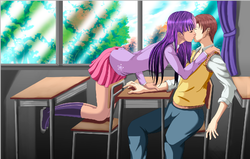 Size: 1003x637 | Tagged: safe, artist:sinor tenshi, twilight sparkle, human, spiders and magic: rise of spider-mane, g4, clothes, crossover, crossover shipping, date, humanized, kissing, leaning, male, peter parker, school, shipping, skirt, spider-man, spidertwi