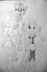 Size: 3007x4577 | Tagged: safe, artist:berrypunchrules, mystery mint, sonata dusk, sunset shimmer, equestria girls, g4, my little pony equestria girls: rainbow rocks, background human, cutie mark, monochrome, ponied up, pony ears, sketch, traditional art