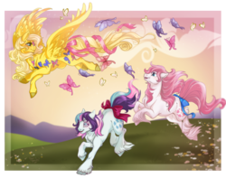 Size: 900x710 | Tagged: safe, artist:cigarscigarettes, dancing butterflies, gingerbread, sundance, butterfly, earth pony, pegasus, pony, g1, bow, female, flying, mare, ribbon, running, tail bow, trio, unshorn fetlocks
