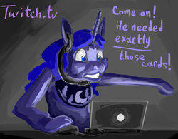 Size: 1000x780 | Tagged: safe, princess luna, gamer luna, g4, 30 minute art challenge, computer, computer mouse, female, gritted teeth, headset, hearthstone, hoof hold, laptop computer, solo, twitch.tv, wide eyes
