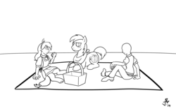 Size: 1280x813 | Tagged: safe, artist:invertigo, big macintosh, oc, oc:darcy, oc:femanon, earth pony, pony, satyr, g4, male, monochrome, offspring, parent:big macintosh, picnic, picnic basket, picnic blanket, stallion