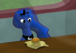 Size: 1000x700 | Tagged: safe, artist:the-anzhou, princess luna, alicorn, pony, g4, blue, female, food, grass, green, hay burger, mane, solo