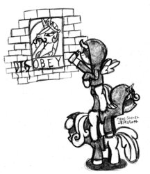 Size: 831x962 | Tagged: safe, artist:mane-shaker, apple bloom, princess celestia, scootaloo, sweetie belle, g4, anarchy, black and white, clothes, cutie mark crusaders, fuck the police, graffiti, grayscale, hood, hoodie, monochrome, traditional art, tyrant celestia, vandalism