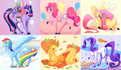 Size: 2760x1600 | Tagged: safe, artist:xaiena, applejack, fluttershy, pinkie pie, rainbow dash, rarity, spike, twilight sparkle, dragon, earth pony, pegasus, pony, unicorn, g4, apple, female, food, male, mane seven, mane six, mare, smiling