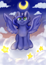 Size: 1700x2404 | Tagged: safe, artist:sunday-spring, princess luna, g4, cloud, cloudy, female, moon, sitting, smiling, solo, spread wings, stars