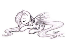 Size: 1242x766 | Tagged: safe, artist:spear-he-art, fluttershy, g4, eyes closed, female, monochrome, prone, sleeping, solo, traditional art