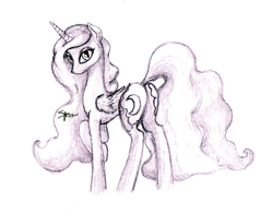 Size: 1804x1404 | Tagged: safe, artist:spear-he-art, princess luna, g4, both cutie marks, butt, female, looking at you, monochrome, plot, raised hoof, solo, traditional art