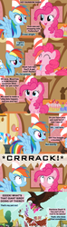 Size: 1120x3780 | Tagged: safe, artist:beavernator, pinkie pie, rainbow dash, bird, earth pony, pegasus, pony, roc, g4, ^^, comic, eyes closed, pun, sugarcube corner, that friggen roc