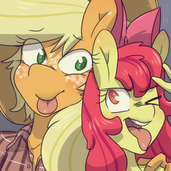 Size: 800x800 | Tagged: safe, artist:lucidlarceny, apple bloom, applejack, earth pony, anthro, g4, duo, female, sisters, tongue out, wink