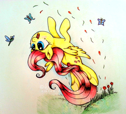 Size: 1024x923 | Tagged: safe, artist:emfen, fluttershy, butterfly, g4, female, solo, traditional art