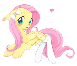 Size: 1181x1000 | Tagged: safe, artist:nora1211, fluttershy, g4, blushing, bow, clothes, cute, female, floppy ears, hair bow, heart, lying down, pixiv, shyabetes, simple background, socks, solo, stupid sexy fluttershy, white background