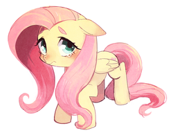 Size: 1000x780 | Tagged: safe, artist:nora1211, fluttershy, pegasus, pony, g4, blushing, cute, female, floppy ears, pixiv, shyabetes, simple background, solo, teary eyes, white background