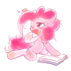 Size: 1000x1000 | Tagged: safe, artist:nora1211, pinkie pie, bird, pony, g4, belly button, blushing, book, cute, diapinkes, female, one eye closed, pixiv, solo, yawn