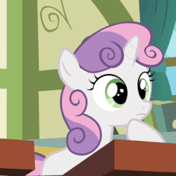 Size: 400x400 | Tagged: safe, edit, edited screencap, screencap, sweetie belle, pony, unicorn, g4, ponyville confidential, animated, classroom, cute, desk, diasweetes, female, filly, ponyville schoolhouse, reversed, smiling, solo