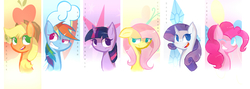 Size: 2824x1000 | Tagged: safe, artist:twilytrinky, applejack, fluttershy, pinkie pie, rainbow dash, rarity, twilight sparkle, earth pony, pegasus, pony, unicorn, g4, female, looking at you, mane six, mare, one eye closed, open mouth, smiling, wink