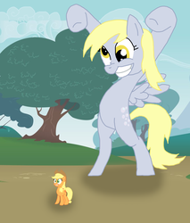 Size: 1600x1880 | Tagged: safe, artist:final7darkness, applejack, derpy hooves, pegasus, pony, bridle gossip, g4, appletini, behind you, cowboy hat, female, hat, macro, mare, poison joke, request, requested art, scared, shrunk, stetson
