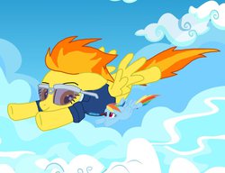 Size: 1019x784 | Tagged: safe, artist:final7darkness, rainbow dash, spitfire, pony, g4, clothes, flying, giant pony, giantess, glasses, macro, mega spitfire, racing, request, requested art, sunglasses, uniform