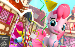 Size: 1680x1050 | Tagged: safe, artist:valkyrie1312, pinkie pie, g4, 3d, confetti, female, gmod, hat, party cannon, party hat, ponyville, sugarcube corner