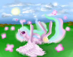 Size: 6500x5100 | Tagged: safe, artist:grinu, princess celestia, alicorn, butterfly, pony, g4, absurd resolution, cute, cutelestia, day, female, meadow, on back, solo, sun