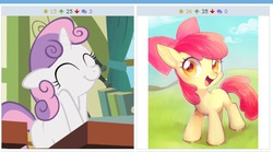 Size: 516x286 | Tagged: safe, artist:nora1211, screencap, apple bloom, sweetie belle, derpibooru, g4, my little pony: friendship is magic, ponyville confidential, adorabloom, contest, cute, diasweetes, exploitable meme, juxtaposition, juxtaposition win, meme, meta