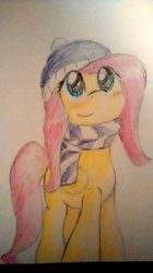 Size: 592x1054 | Tagged: safe, artist:pinkiesheen, fluttershy, g4, clothes, female, hat, scarf, solo, traditional art
