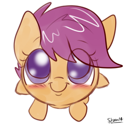 Size: 900x900 | Tagged: safe, artist:skoon, scootaloo, pegasus, pony, g4, blushing, c:, cute, cutealoo, daaaaaaaaaaaw, eye clipping through hair, female, filly, foal, hnnng, looking at you, looking up, looking up at you, signature, simple background, sitting, smiling, solo, white background