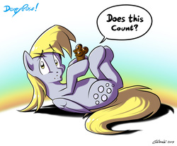 Size: 1280x1060 | Tagged: safe, artist:tobibrocki, derpy hooves, pegasus, pony, g4, female, mare, muffin, on back, solo