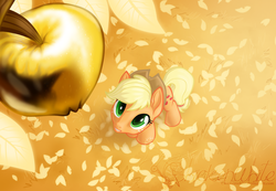 Size: 1188x821 | Tagged: safe, artist:chickenwhite, applejack, earth pony, pony, g4, apple, female, golden apple, looking up, solo