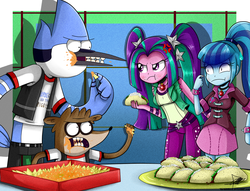 Size: 1338x1023 | Tagged: safe, artist:the-butch-x, aria blaze, sonata dusk, equestria girls, g4, my little pony equestria girls: rainbow rocks, aria blaze is not amused, breasts, busty aria blaze, busty sonata dusk, crossover, female, male, mordecai, mordecai and rigby, nachos, regular show, rigby (regular show), sonataco, taco, that girl sure loves tacos, that siren sure does love tacos, unamused