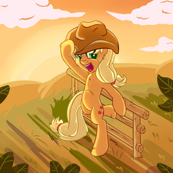 Size: 2000x2000 | Tagged: safe, artist:discorded, applejack, earth pony, pony, g4, bipedal, chest fluff, female, fence, high res, leaning, leaning back, newbie artist training grounds, solo, standing, sunset
