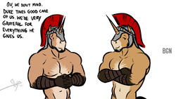 Size: 900x506 | Tagged: safe, artist:bgn, oc, oc:fidelis, oc:valens, anthro, duo, duo male, helmet, looking at you, male, muscles, royal guard, smiling