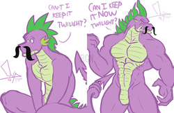 Size: 900x585 | Tagged: safe, artist:bgn, rarity, spike, dragon, anthro, g4, adult spike, anthro dragon, beefspike, featureless crotch, female, greed spike, male, muscles, muscular male, older, older spike, ship:sparity, shipping, spikezilla, straight, stupid sexy spike, tail hold, teenage spike, teenaged dragon, teenager