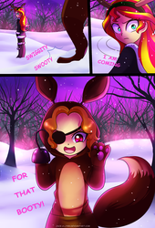 Size: 1887x2782 | Tagged: safe, artist:jacky-bunny, adagio dazzle, sunset shimmer, fox, moose, equestria girls, g4, my little pony equestria girls: rainbow rocks, adoragio, clothes, costume, crossover, cute, eyes on the prize, fangs, five nights at freddy's, foxy, frown, open mouth, pirate, smiling, snow, snowfall, swiggity swag, swiggity swooty, wide eyes, winter