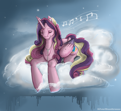 Size: 600x546 | Tagged: safe, artist:silvermoonbreeze, princess cadance, alicorn, pony, g4, 2014, cloud, cloudy, eyes closed, female, folded wings, headphones, lying down, lying on a cloud, mare, mp3 player, music, music notes, on a cloud, wings
