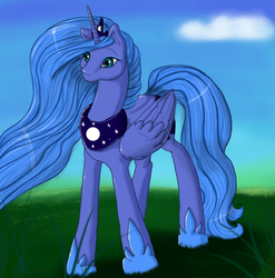 Size: 607x614 | Tagged: safe, artist:silvermoonbreeze, princess luna, alicorn, pony, g4, cloud, cute, female, folded wings, grass, hoof shoes, jewelry, long mane, mare, no mouth, peytral, s1 luna, sky, solo, standing, tiara, wings