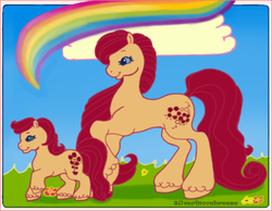 Size: 505x391 | Tagged: safe, artist:silvermoonbreeze, baby petal, floral, earth pony, pony, g2, 2012, cloud, duo, duo female, female, filly, foal, grass, mare, mother and daughter, rainbow, raised hoof, sky, style emulation, unshorn fetlocks