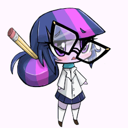 Size: 1000x1000 | Tagged: safe, artist:jonfawkes, artist:lumineko, sci-twi, twilight sparkle, equestria girls, g4, my little pony equestria girls: rainbow rocks, :<, animated, blushing, chibi, clothes, confused, cute, female, gif, glasses, lidded eyes, open mouth, pencil, scarf, simple background, skirt, solo, spinning, twiabetes, wat, white background