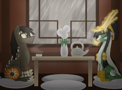 Size: 1040x769 | Tagged: safe, artist:faith-wolff, oc, oc:ki seong, kaiju pony, kirin, monster pony, fanfic:the bridge, anguirus, crossover, drinking, duo, eyes closed, fanfic art, female, glowing antlers, glowing horn, godzilla (series), horn, kirus, magic, magic aura, male, ponified, rain, shipping fuel, stallion, tea, teapot, telekinesis