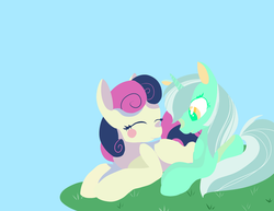 Size: 1024x791 | Tagged: safe, artist:dozymouse, bon bon, lyra heartstrings, sweetie drops, g4, female, grass, happy, lesbian, ship:lyrabon, shipping