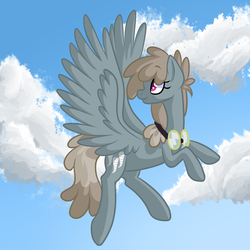 Size: 1024x1024 | Tagged: safe, artist:snowyflames, dust devil, pegasus, pony, g4, background pony, cloud, cloudy, female, flying, goggles, mare, solo