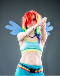 Size: 1266x1600 | Tagged: safe, rainbow dash, human, g4, belly button, clothes, cosplay, irl, irl human, midriff, photo, sports bra