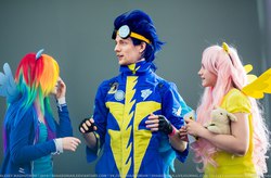 Size: 1600x1051 | Tagged: safe, fluttershy, rainbow dash, soarin', human, g4, clothes, cosplay, irl, irl human, photo, uniform, wonderbolts uniform