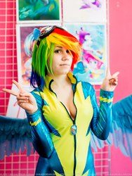 Size: 1202x1600 | Tagged: safe, artist:erinliona, rainbow dash, human, g4, clothes, cosplay, irl, irl human, photo, uniform, wonderbolts uniform