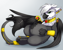 Size: 1929x1552 | Tagged: safe, artist:camychan, oc, oc only, oc:eraclea, griffon, anklet, bedroom eyes, belly, bracelet, female, fluffy, gold, jewelry, looking at you, maternity, necklace, paws, pregnant, ring, royalty, sitting, solo, toe ring