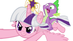 Size: 1024x576 | Tagged: dead source, safe, artist:official-lunaflaire, color edit, spike, twilight, twilight sparkle, alicorn, pony, g1, g4, big crown thingy, deviantart watermark, element of magic, female, g1 to g4, generation leap, mare, obtrusive watermark, twilight sparkle (alicorn), watermark