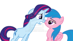 Size: 1024x576 | Tagged: dead source, safe, artist:official-lunaflaire, color edit, firefly, rainbow dash, rarity, sparkler (g1), g1, g4, the crystal empire, deviantart watermark, g1 to g4, generation leap, obtrusive watermark, watermark