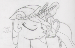 Size: 1020x651 | Tagged: safe, artist:slash-sun-slash, princess celestia, g4, celestiadoodle, coffee mug, eyes closed, female, hot chocolate, monochrome, sketch, solo, traditional art