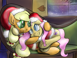 Size: 2663x2006 | Tagged: safe, artist:manfartwish, applejack, fluttershy, g4, christmas, female, heart eyes, high res, lesbian, ship:appleshy, shipping, wingding eyes