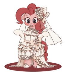 Size: 562x616 | Tagged: safe, artist:うめぐる, pinkie pie, earth pony, semi-anthro, g4, arm hooves, bipedal, blushing, bride, clothes, cute, diapinkes, dress, female, floppy ears, pixiv, solo, wavy mouth, wedding dress