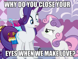 Size: 861x649 | Tagged: safe, edit, edited screencap, screencap, rarity, sweetie belle, pony, unicorn, for whom the sweetie belle toils, g4, angry, female, filly, foal, image macro, implied foalcon, implied lovemaking, implied sex, incest, lesbian, mare, meme, raricest, ship:raribelle, shipping